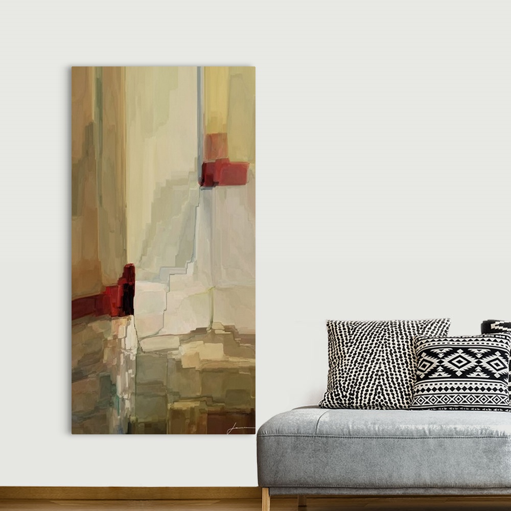 A bohemian room featuring Contemporary abstract artwork using earth tones and jagged to create depth.