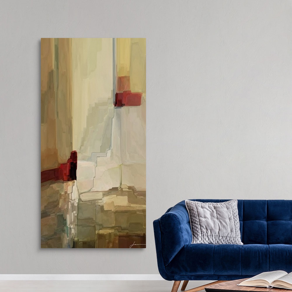 A modern room featuring Contemporary abstract artwork using earth tones and jagged to create depth.
