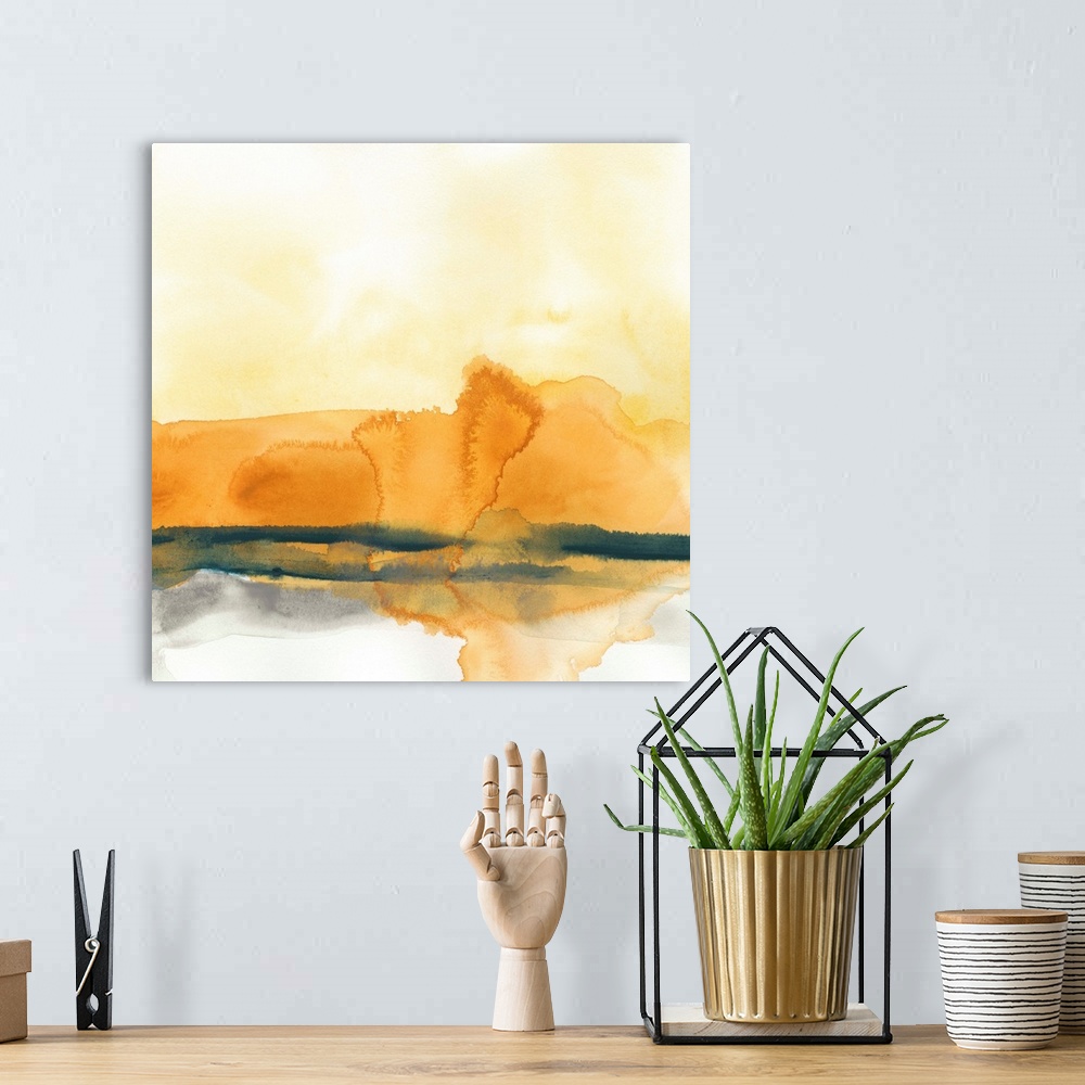 A bohemian room featuring Abstract artwork in blended layers of orange, yellow, and grey.