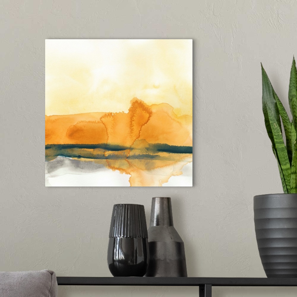 A modern room featuring Abstract artwork in blended layers of orange, yellow, and grey.