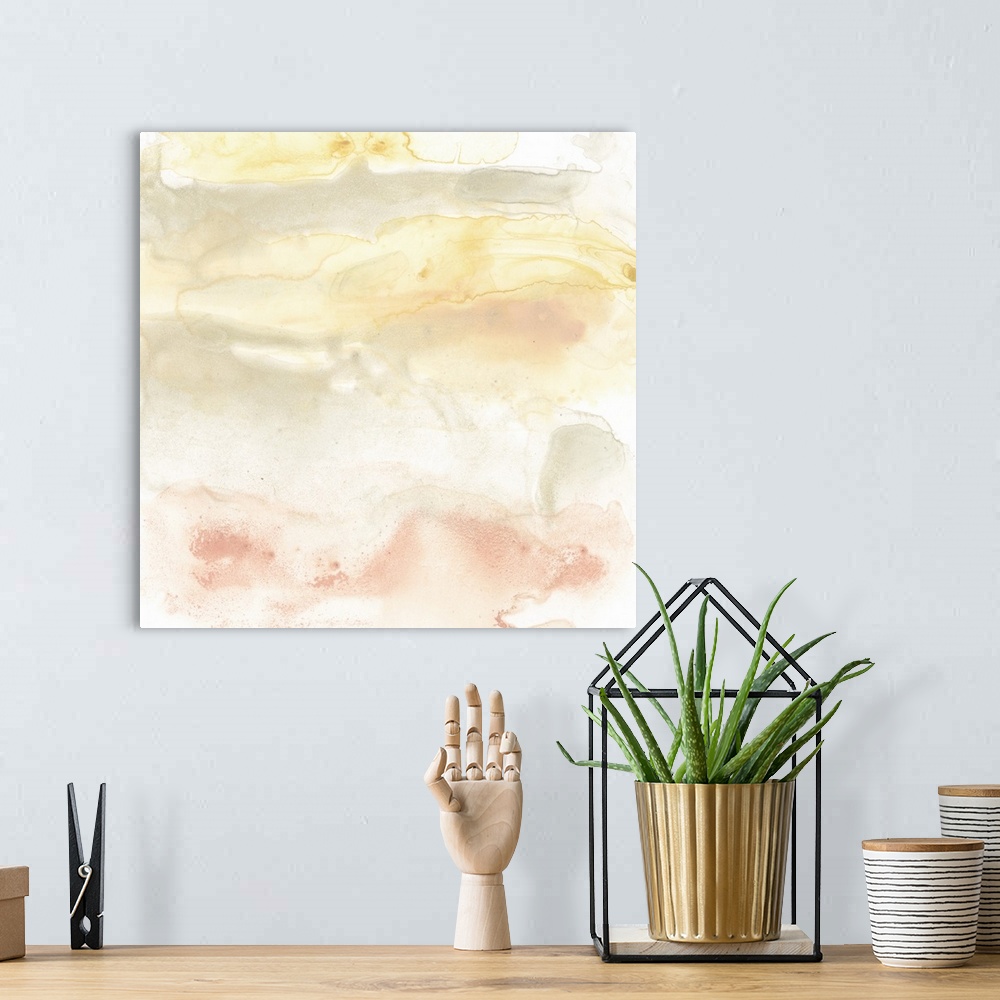 A bohemian room featuring This contemporary artwork features warm tones in shades of orange and yellow to represent sunrise...