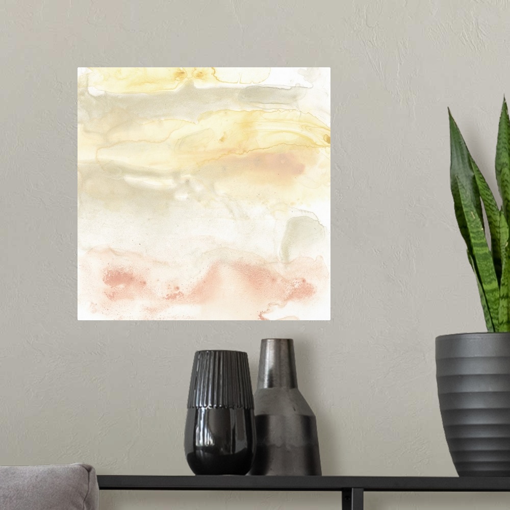 A modern room featuring This contemporary artwork features warm tones in shades of orange and yellow to represent sunrise...