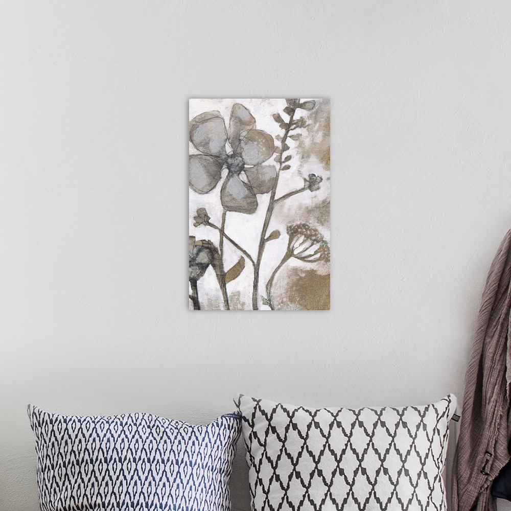 A bohemian room featuring Contemporary artwork of weathered flowers against a multi-colored and textured surface.