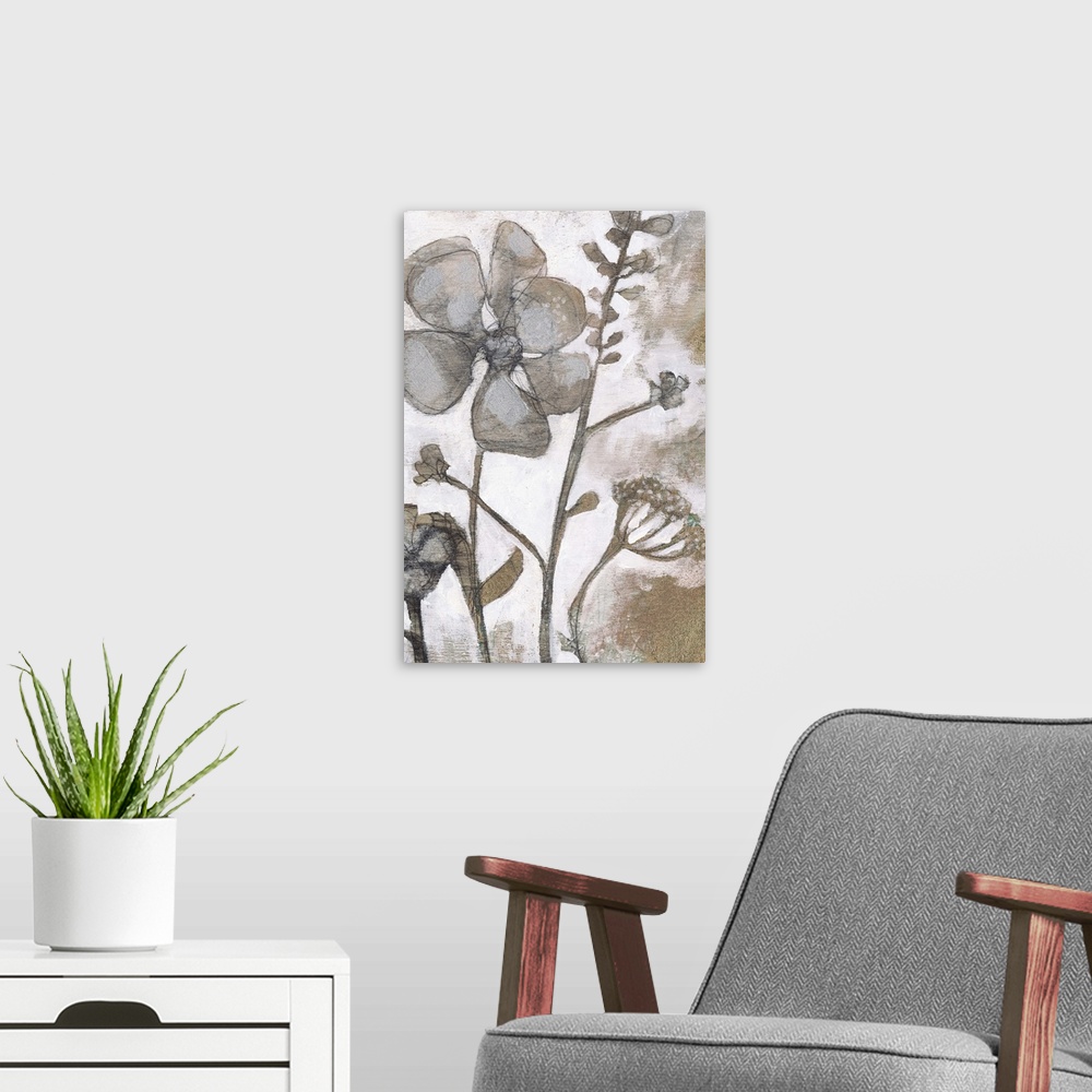 A modern room featuring Contemporary artwork of weathered flowers against a multi-colored and textured surface.