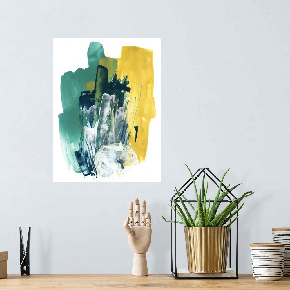A bohemian room featuring Bold, upright brush strokes in teal, white and yellow layer over one another in this contemporary...