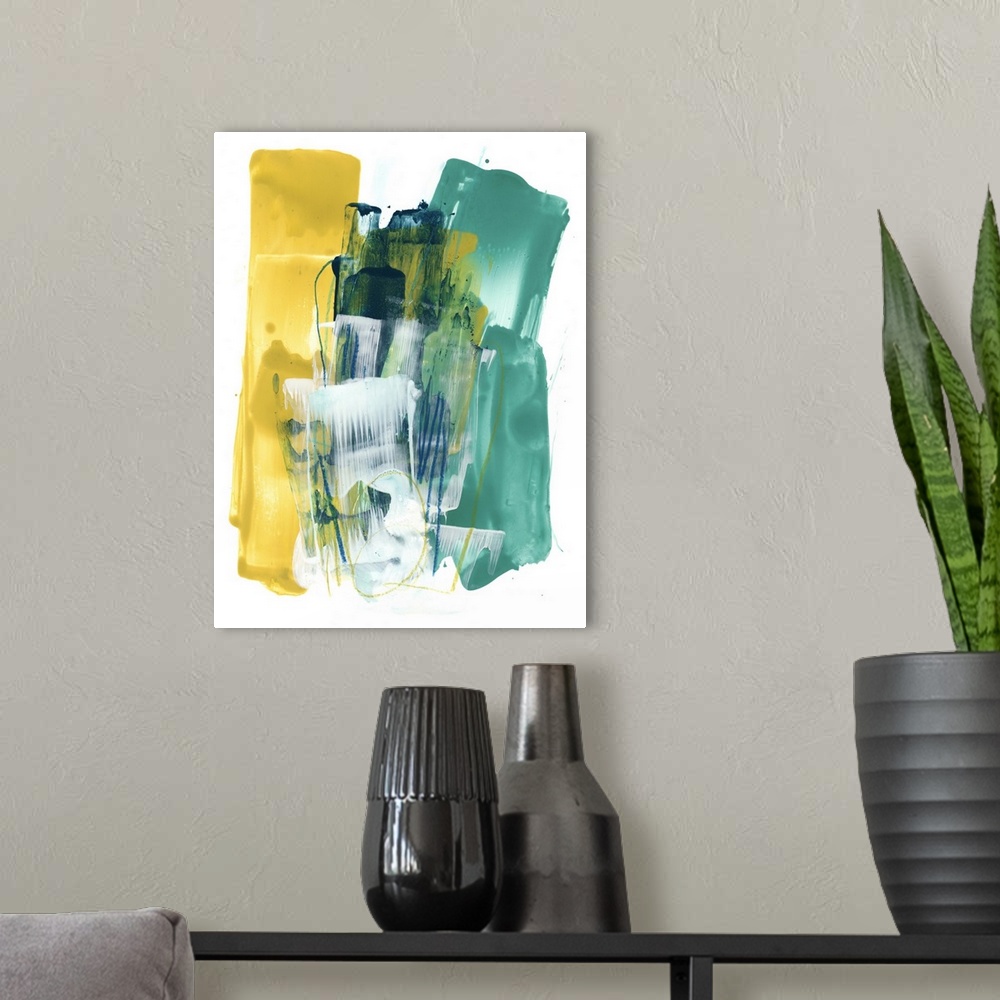A modern room featuring Bold, upright brush strokes in teal, white and yellow layer over one another in this contemporary...