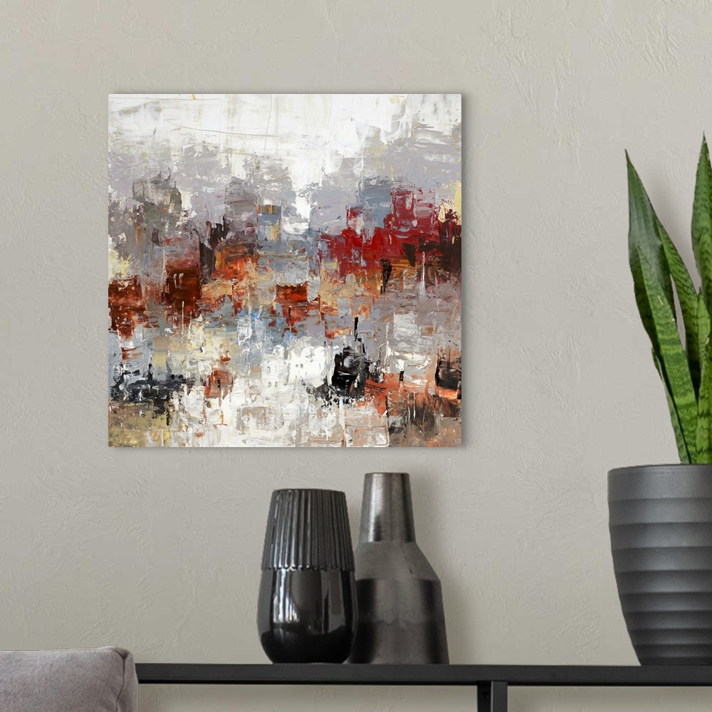A modern room featuring Abstract artwork with an urban feel of buildings in a large city.