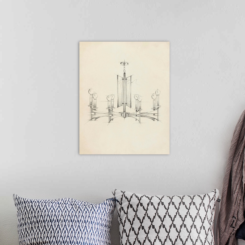 A bohemian room featuring Contemporary illustration of a retro chandelier.