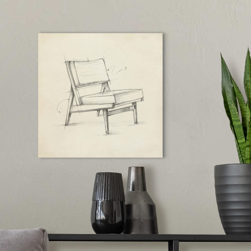 A modern room featuring Industrial design diagram of a stylish chair.