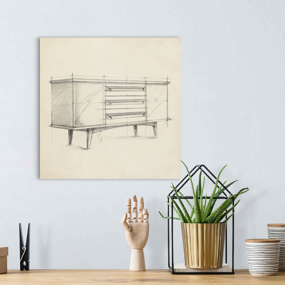 A bohemian room featuring Industrial design diagram of a stylish desk.