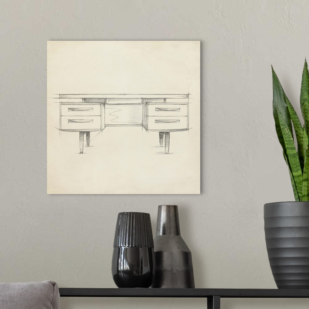 A modern room featuring Industrial design diagram of a stylish desk.