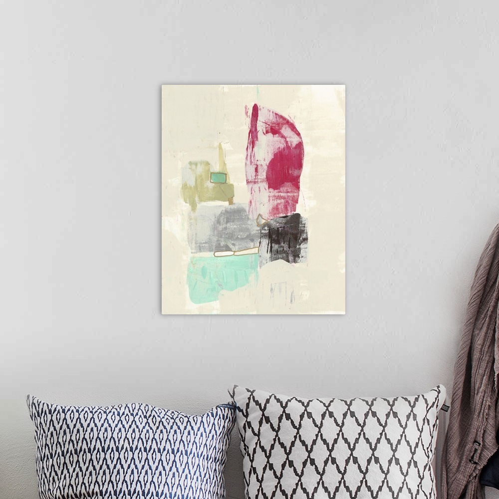 A bohemian room featuring Contemporary abstract painting in olive, bright raspberry, and teal on a neutral background.
