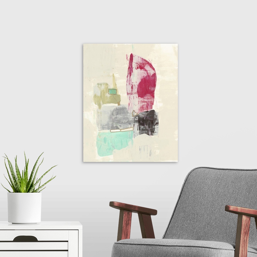 A modern room featuring Contemporary abstract painting in olive, bright raspberry, and teal on a neutral background.