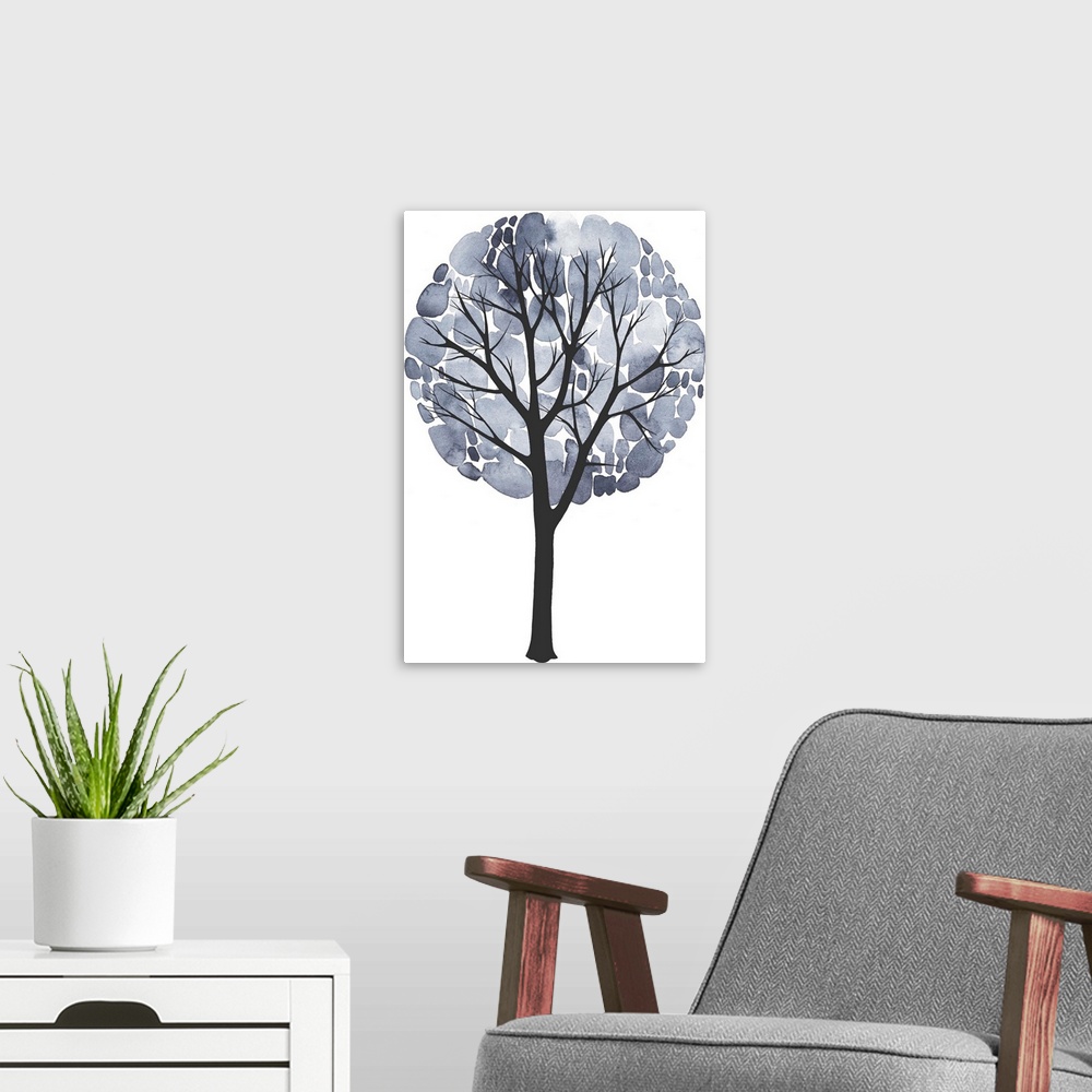 A modern room featuring Painting of a tree with grey watercolor leaves.