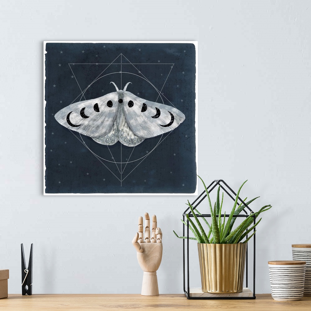 A bohemian room featuring Watercolor moth with moon shapes on its wings in front of geometric shapes on a navy background.