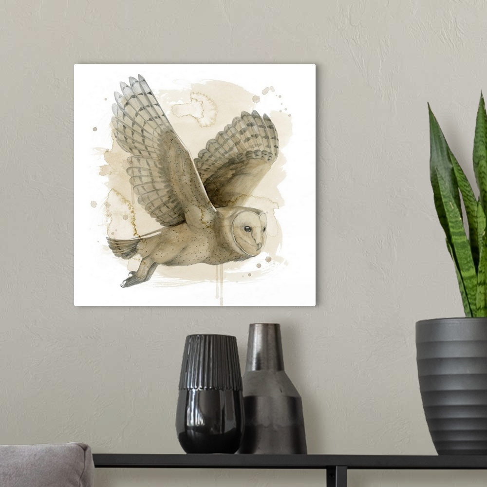 A modern room featuring Contemporary watercolor portrait of an owl in flight.