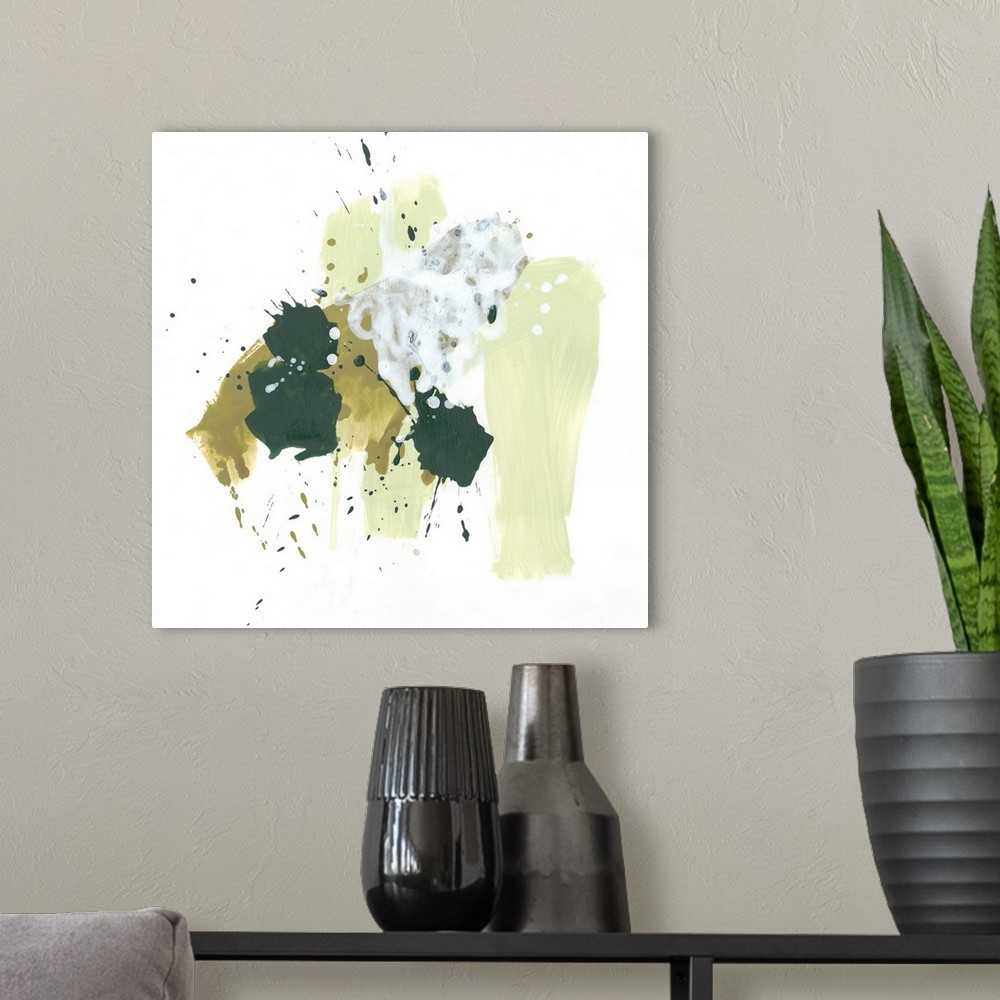 A modern room featuring Contemporary abstract painting with paint splatters and wide brushstrokes in a range of greens fr...