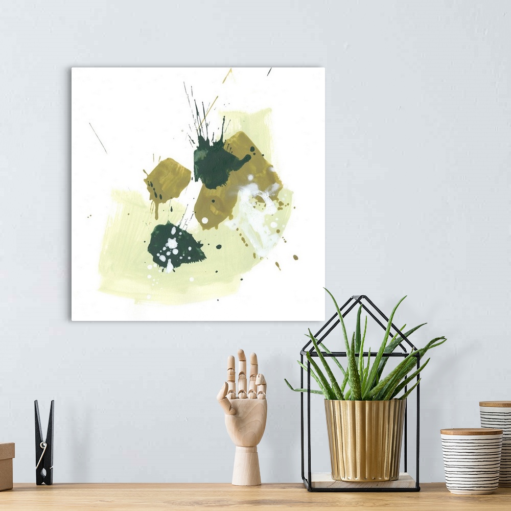 A bohemian room featuring Contemporary abstract painting with paint splatters and wide brushstrokes in a range of greens fr...