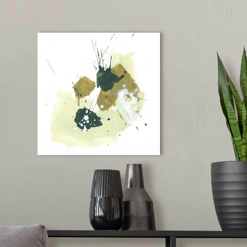 A modern room featuring Contemporary abstract painting with paint splatters and wide brushstrokes in a range of greens fr...