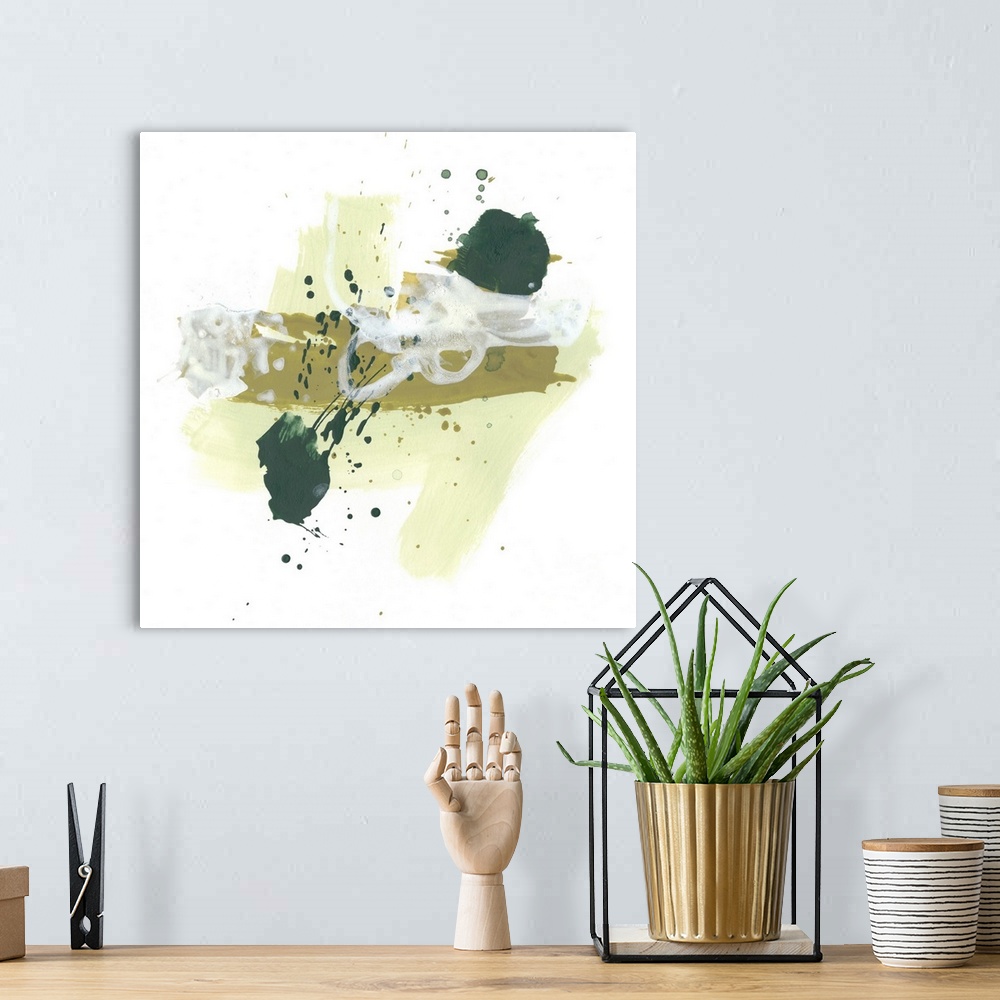 A bohemian room featuring Contemporary abstract painting with paint splatters and wide brushstrokes in a range of greens fr...