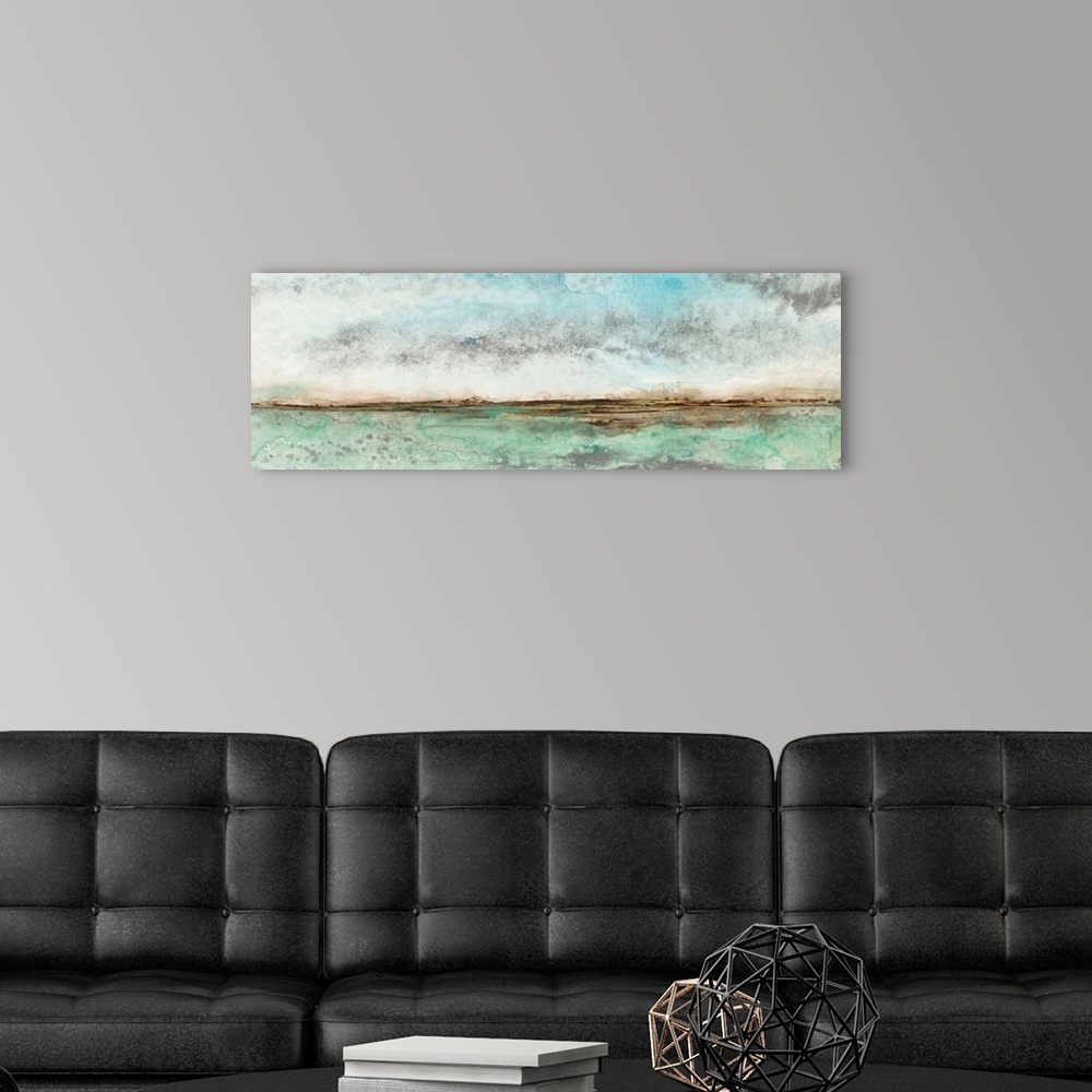A modern room featuring Contemporary seascape painting of turquoise water under a blue sky.