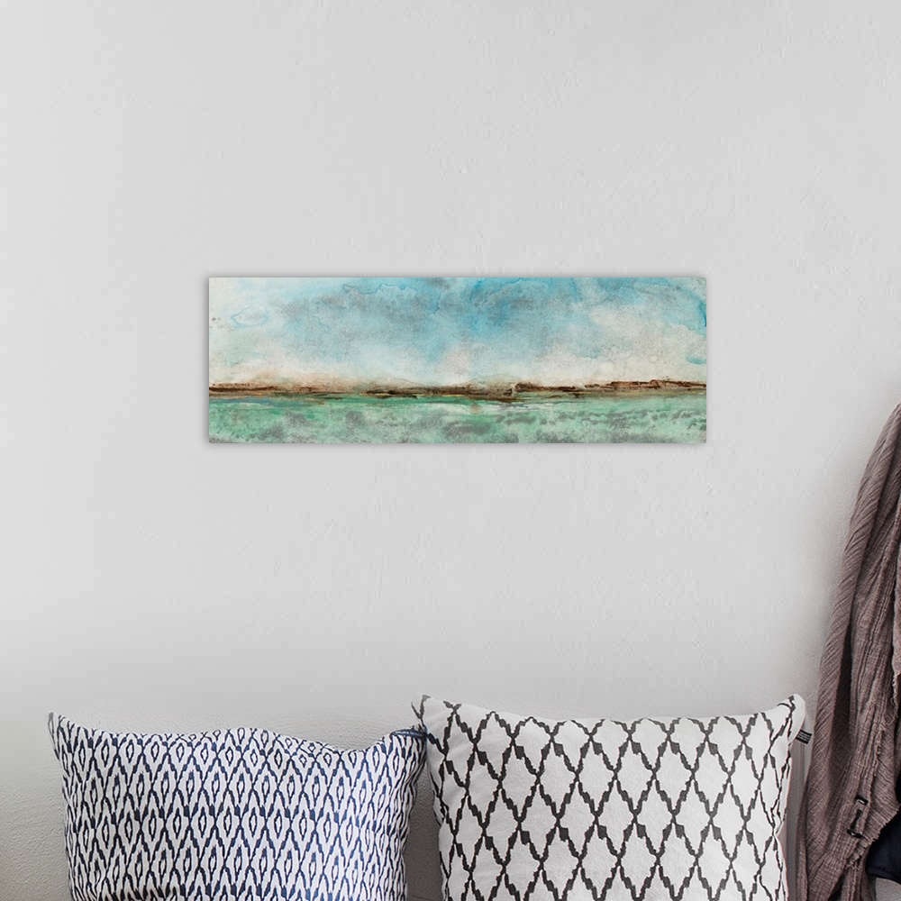 A bohemian room featuring Contemporary seascape painting of turquoise water under a blue sky.