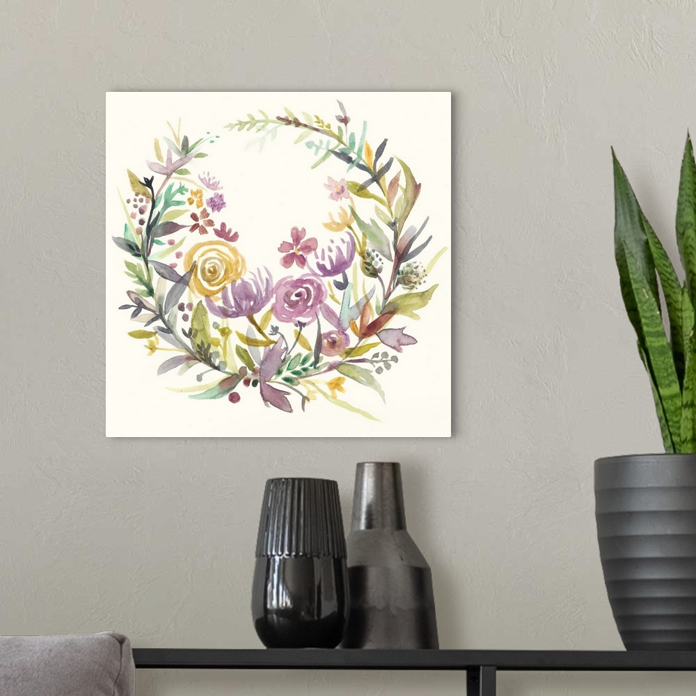 A modern room featuring Decorative artwork featuring a flowers and foliage arranged in a wreath shape.