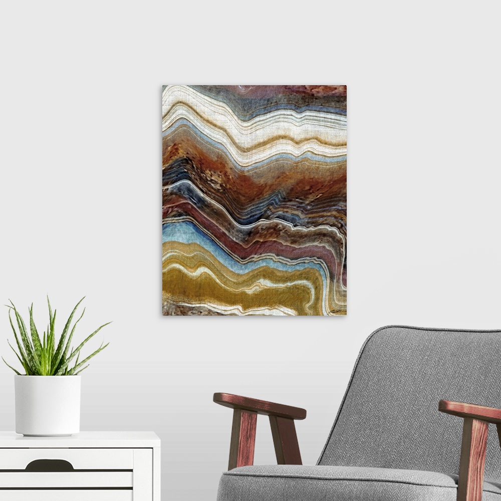A modern room featuring Abstract painting resembling a close up of mineral agate layers.