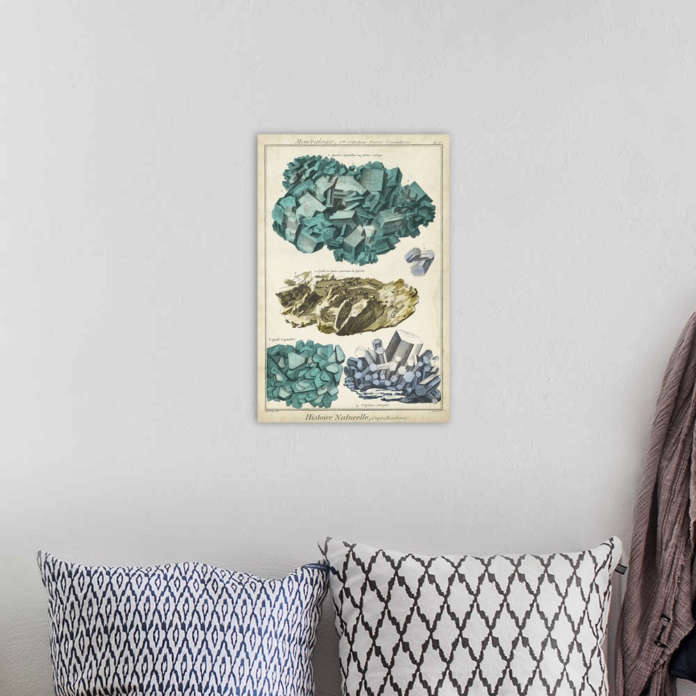 A bohemian room featuring This decorative artwork features rock and crystalline illustrations over an aged background with ...