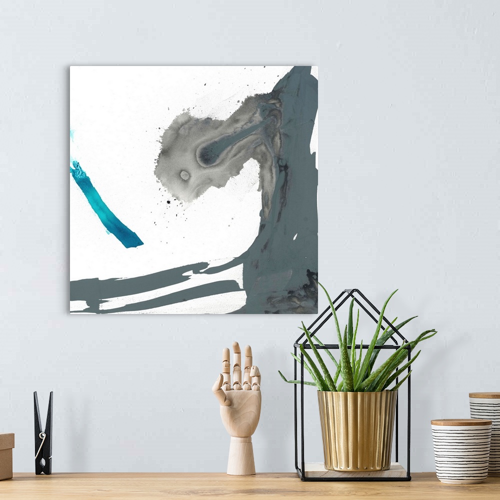 A bohemian room featuring Abstract painting using aggressive strokes of gray with a hint of blue against a white background.