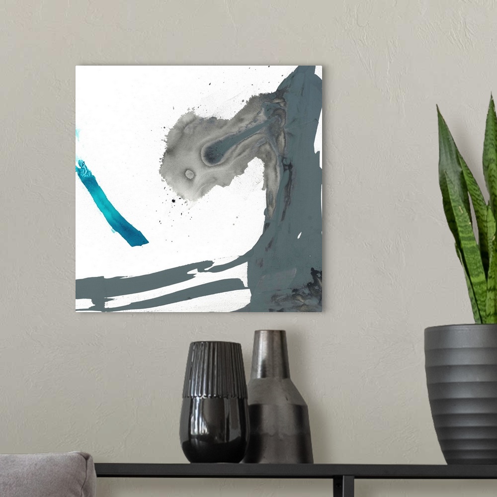 A modern room featuring Abstract painting using aggressive strokes of gray with a hint of blue against a white background.