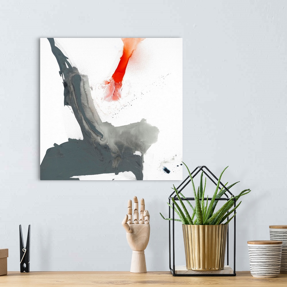 A bohemian room featuring Abstract painting using aggressive strokes of gray with a hint of red against a white background.