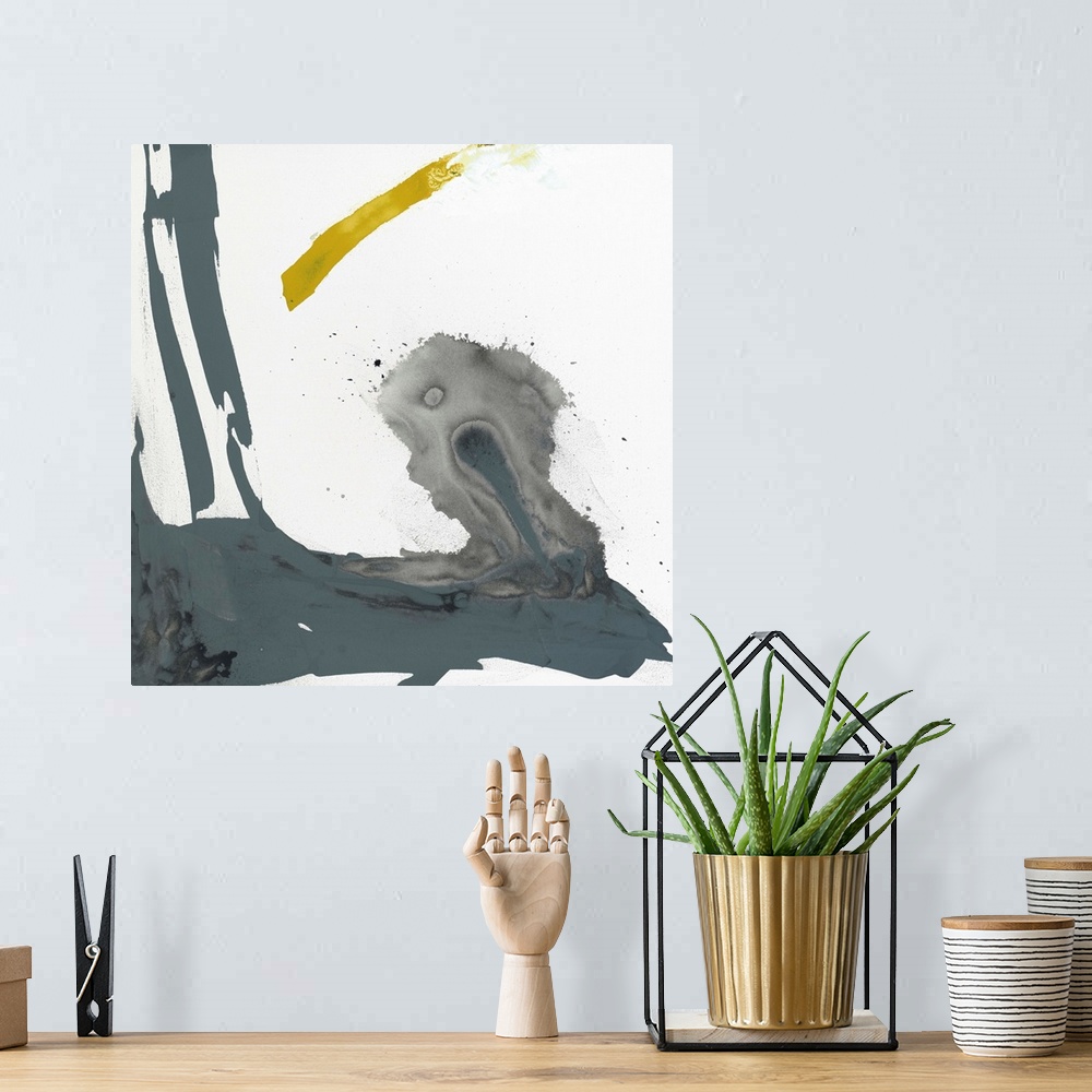 A bohemian room featuring Abstract painting using aggressive strokes of gray with a hint of yellow against a white background.