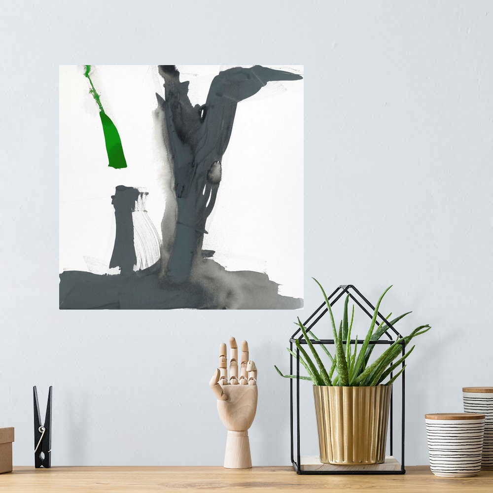 A bohemian room featuring Abstract painting using aggressive strokes of gray with a hint of green against a white background.