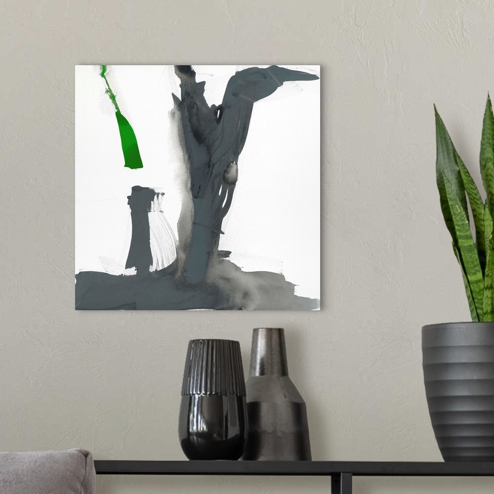 A modern room featuring Abstract painting using aggressive strokes of gray with a hint of green against a white background.