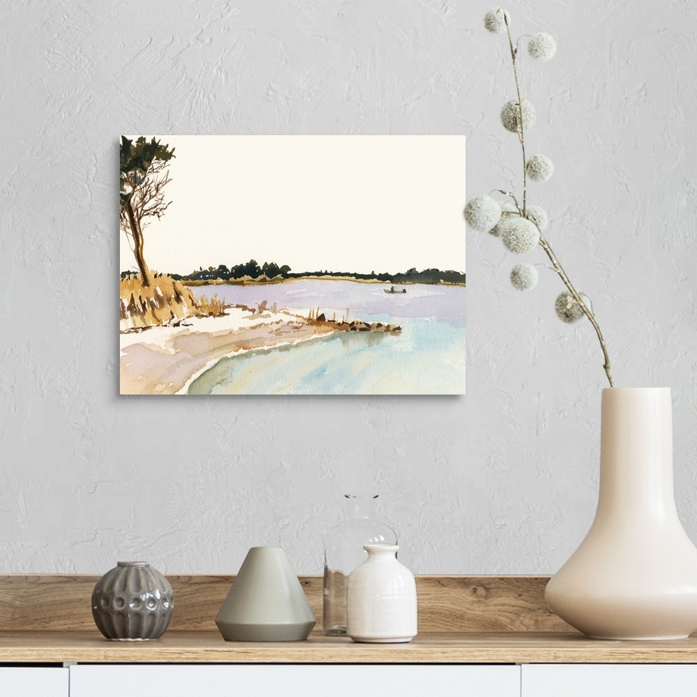 A farmhouse room featuring Contemporary painting of a coastal landscape.