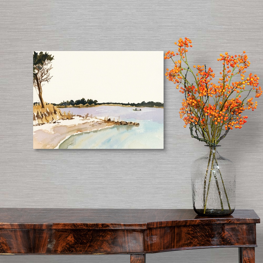 A traditional room featuring Contemporary painting of a coastal landscape.