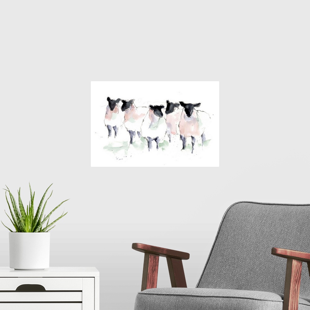 A modern room featuring Minimalist Watercolor Sheep I