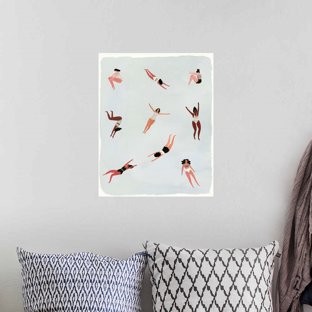A bohemian room featuring Contemporary figurative painting of various women in swim suits diving and swimming.