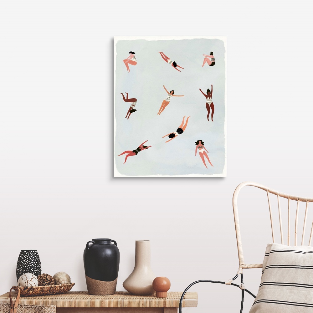 A farmhouse room featuring Contemporary figurative painting of various women in swim suits diving and swimming.