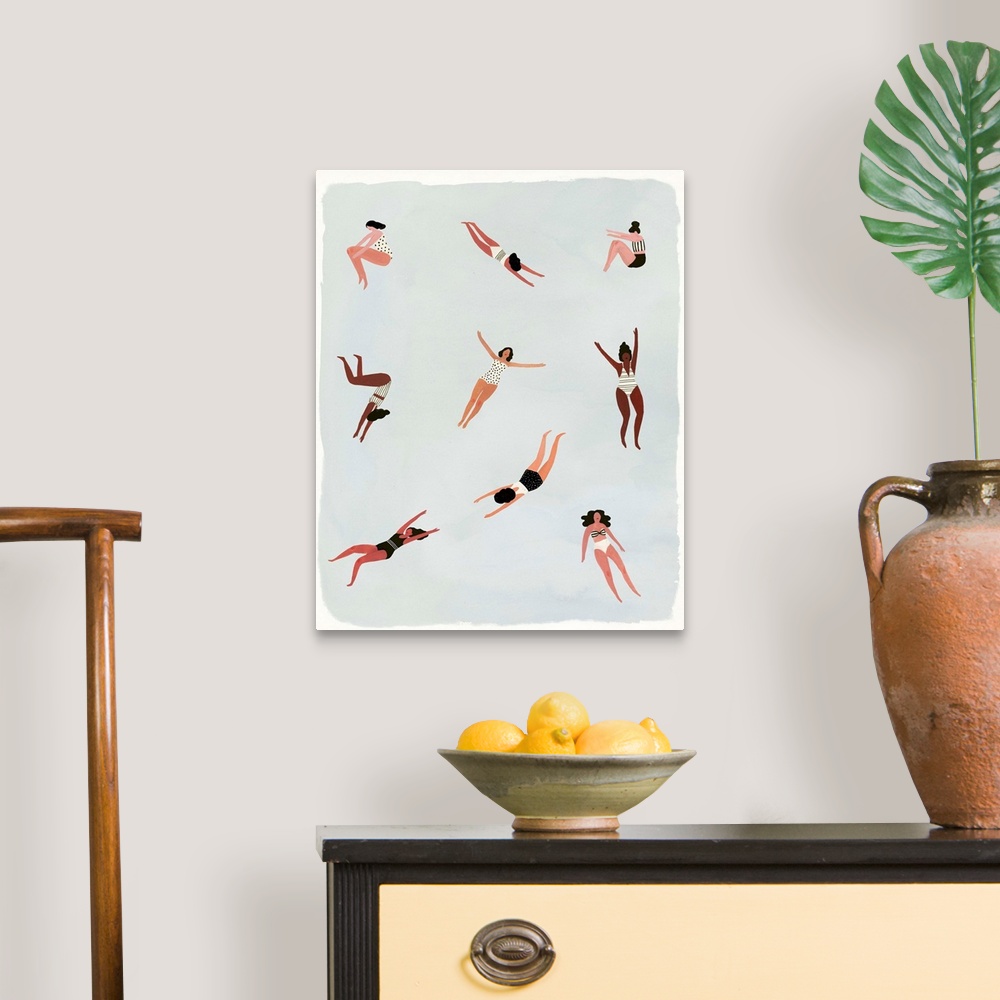 A traditional room featuring Contemporary figurative painting of various women in swim suits diving and swimming.