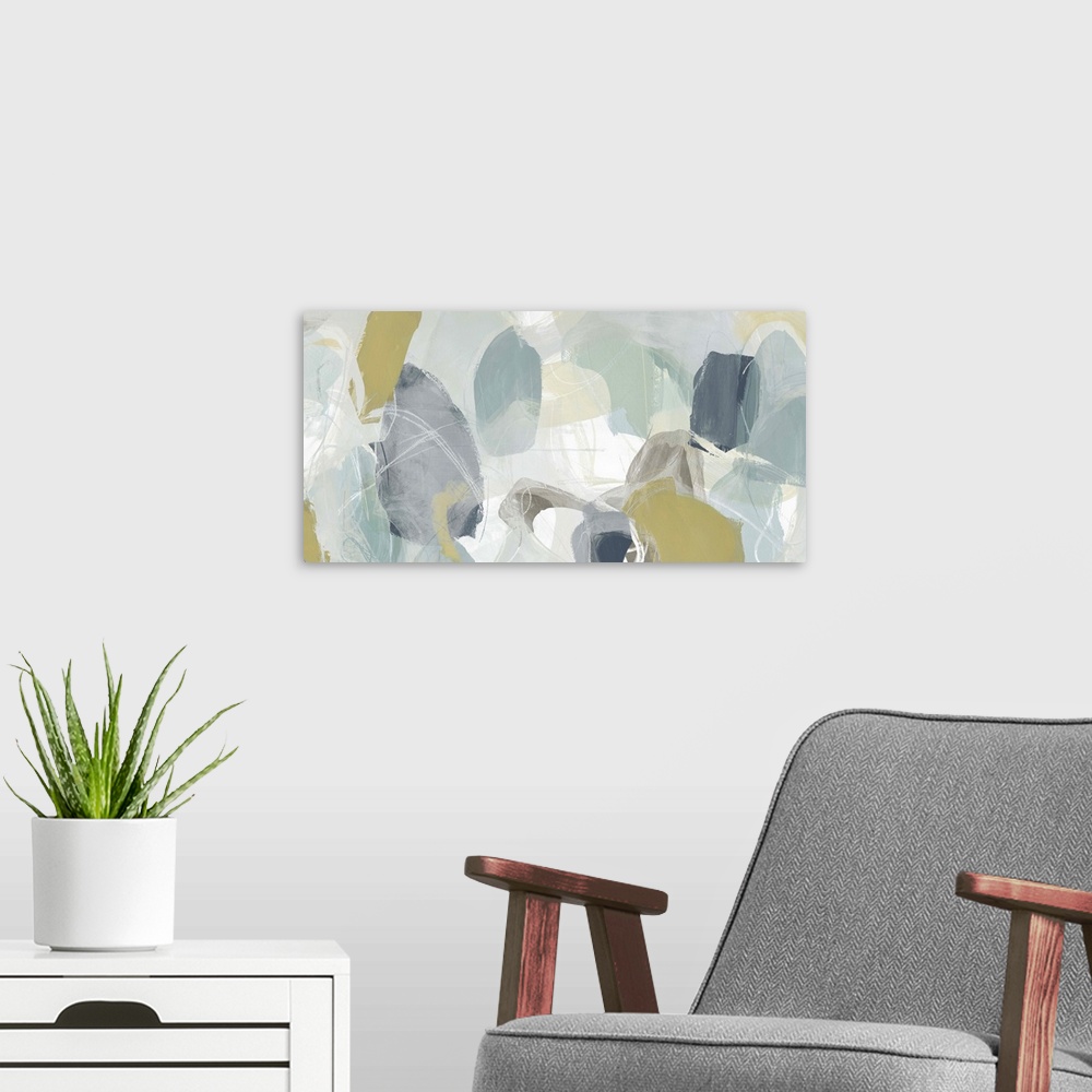 A modern room featuring Contemporary abstract painting using muted blue, green and tan tones.