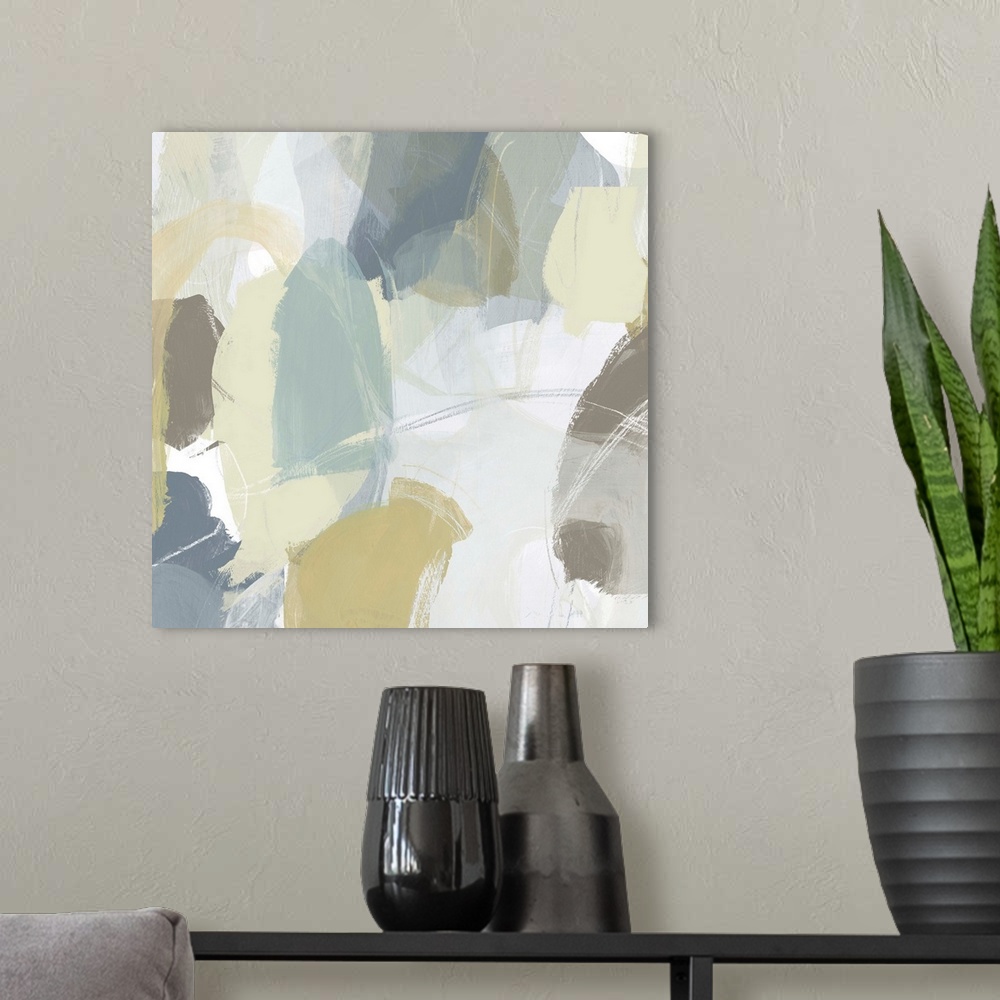 A modern room featuring Contemporary abstract painting using muted blue, green and tan tones.