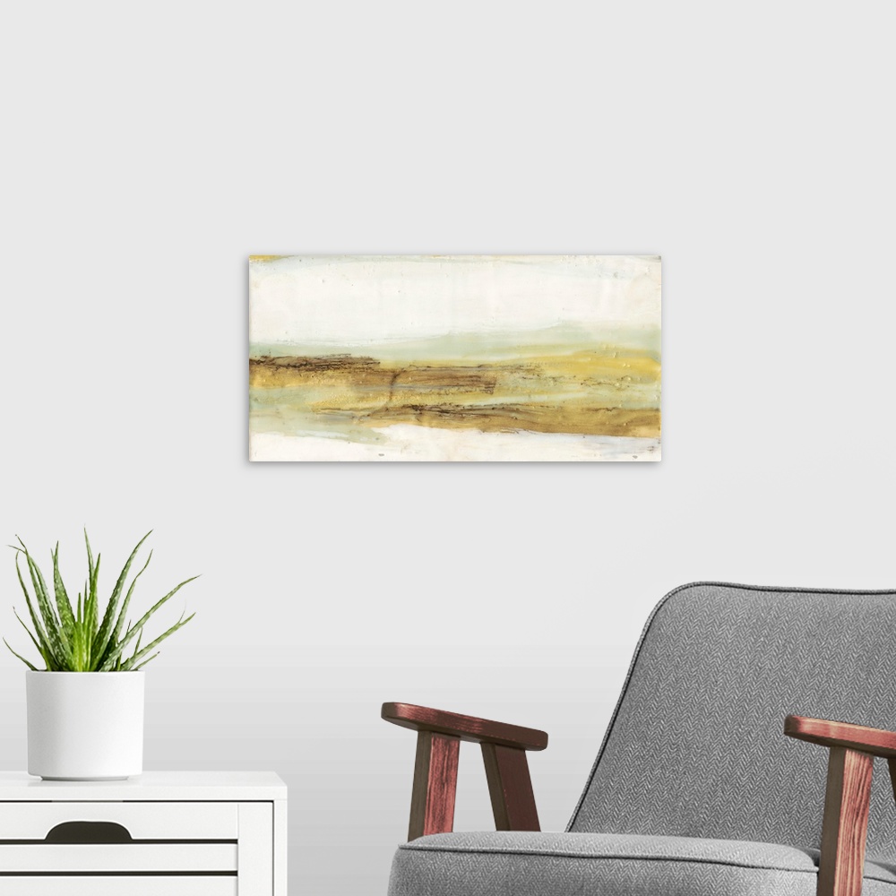 A modern room featuring An abstract painting in warm gold and mint colors representing a horizon under a neutral sky