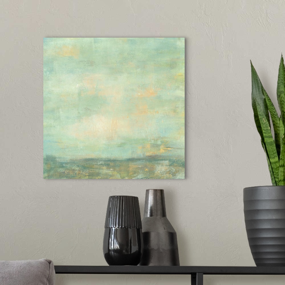 A modern room featuring Contemporary abstract painting using green and blue tones to create what looks like an empty sky.