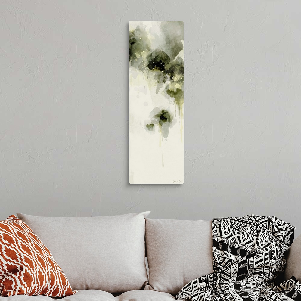 A bohemian room featuring Abstract artwork of grey-green organic forms on white.