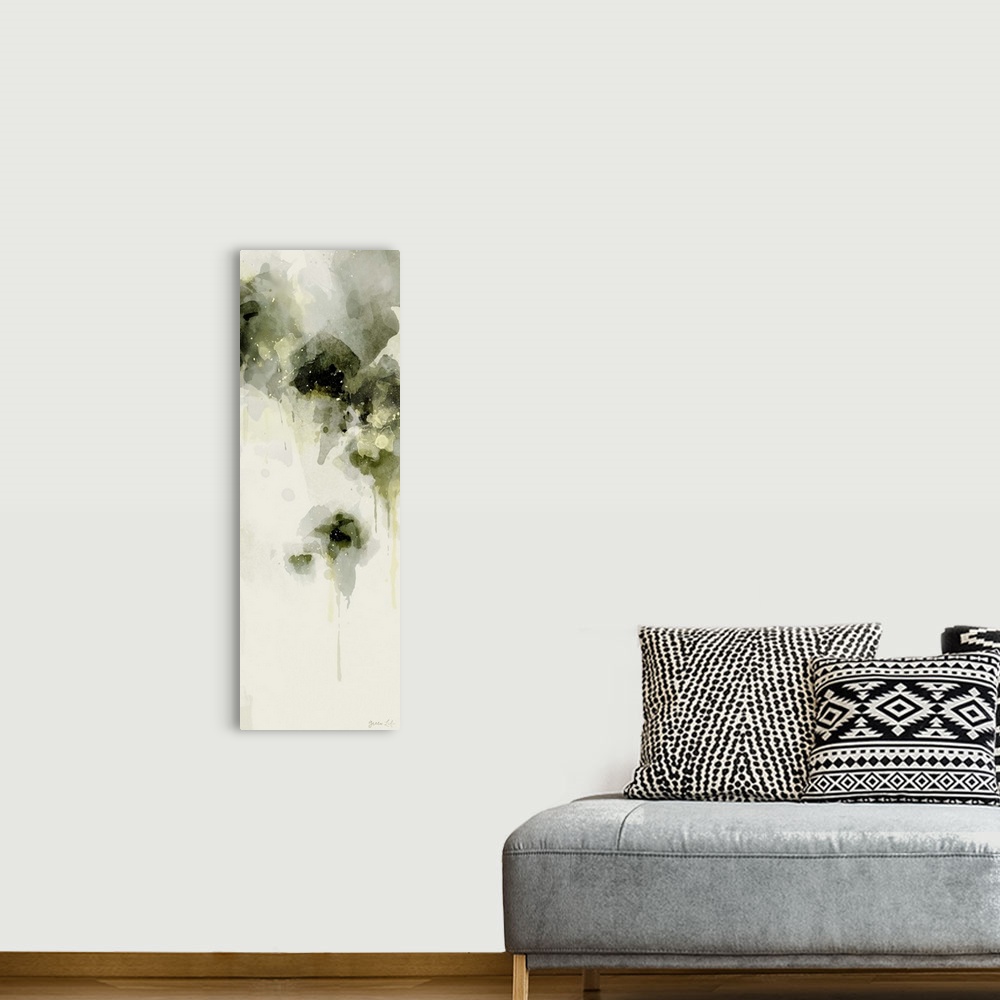 A bohemian room featuring Abstract artwork of grey-green organic forms on white.