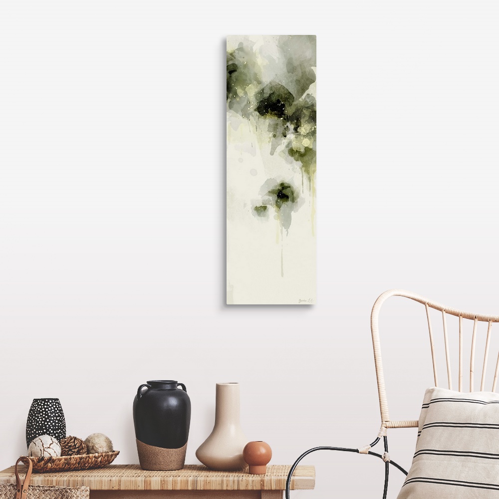 A farmhouse room featuring Abstract artwork of grey-green organic forms on white.