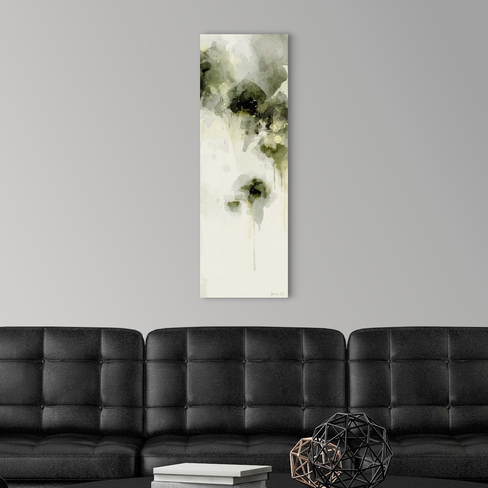 A modern room featuring Abstract artwork of grey-green organic forms on white.