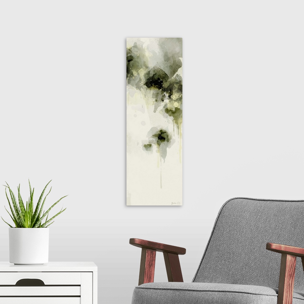 A modern room featuring Abstract artwork of grey-green organic forms on white.